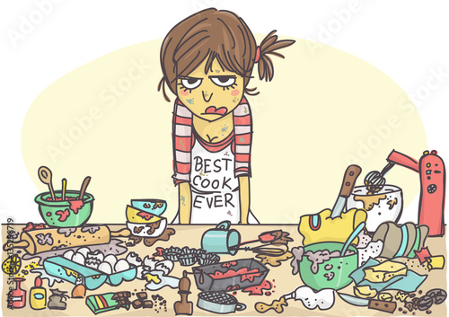 Angry, stressed woman making a cake at the messy table full with pastries items and ingredients