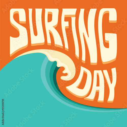 Surfing background with big ocean wave and text