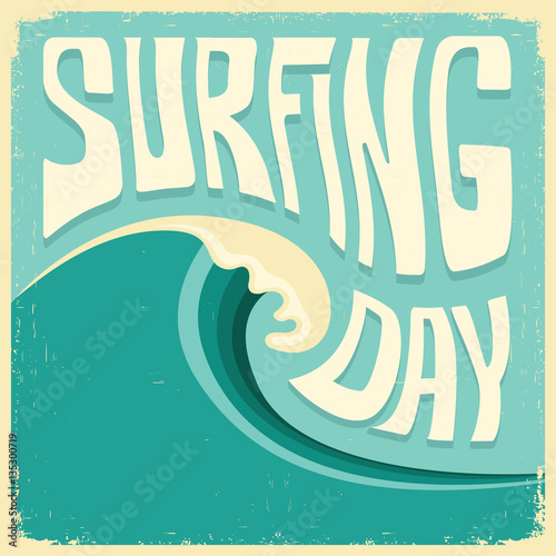 Surfing poster with big blue ocean wave and text