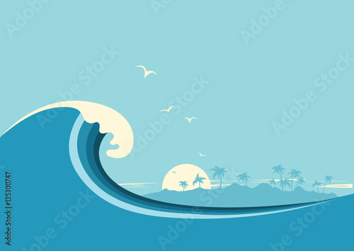Fototapeta Big ocean wave and tropical island.Vector blue background