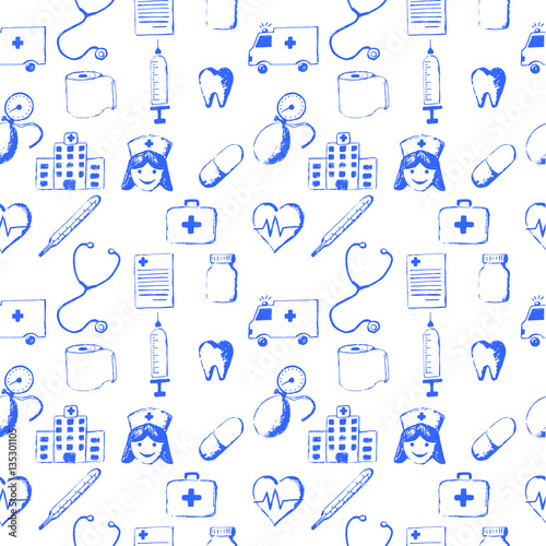 Seamless pattern-medical items. This illustration is drawn with a pencil.