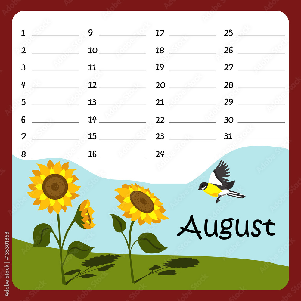Birthday calendar for August Stock Vector | Adobe Stock