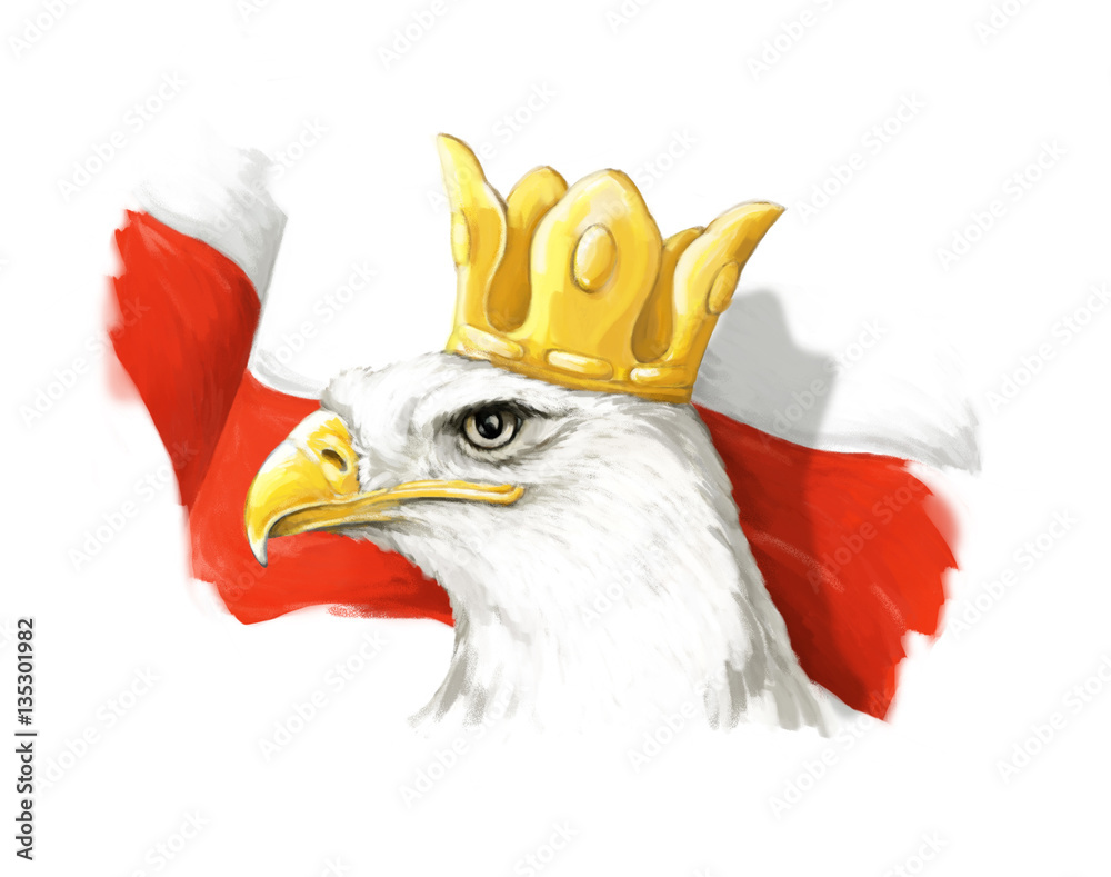 Fototapeta premium Animowany orzeł i flaga Polski - głowa w koronie - ilustracja dla dzieci