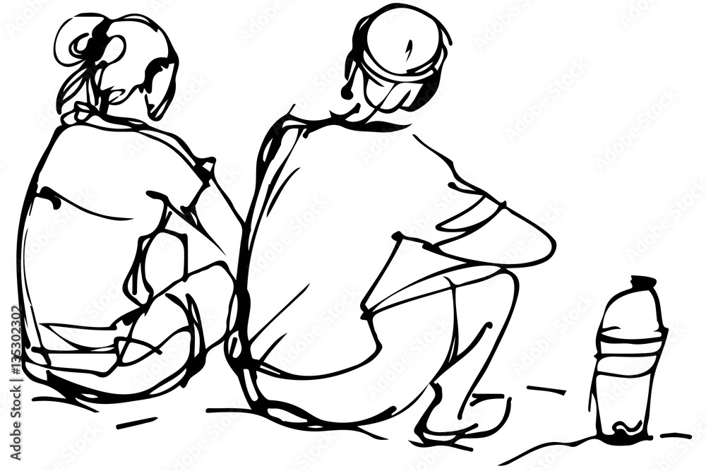 vector sketch of man and woman sitting on the shore vector sketch of man and woman sitting on the shore