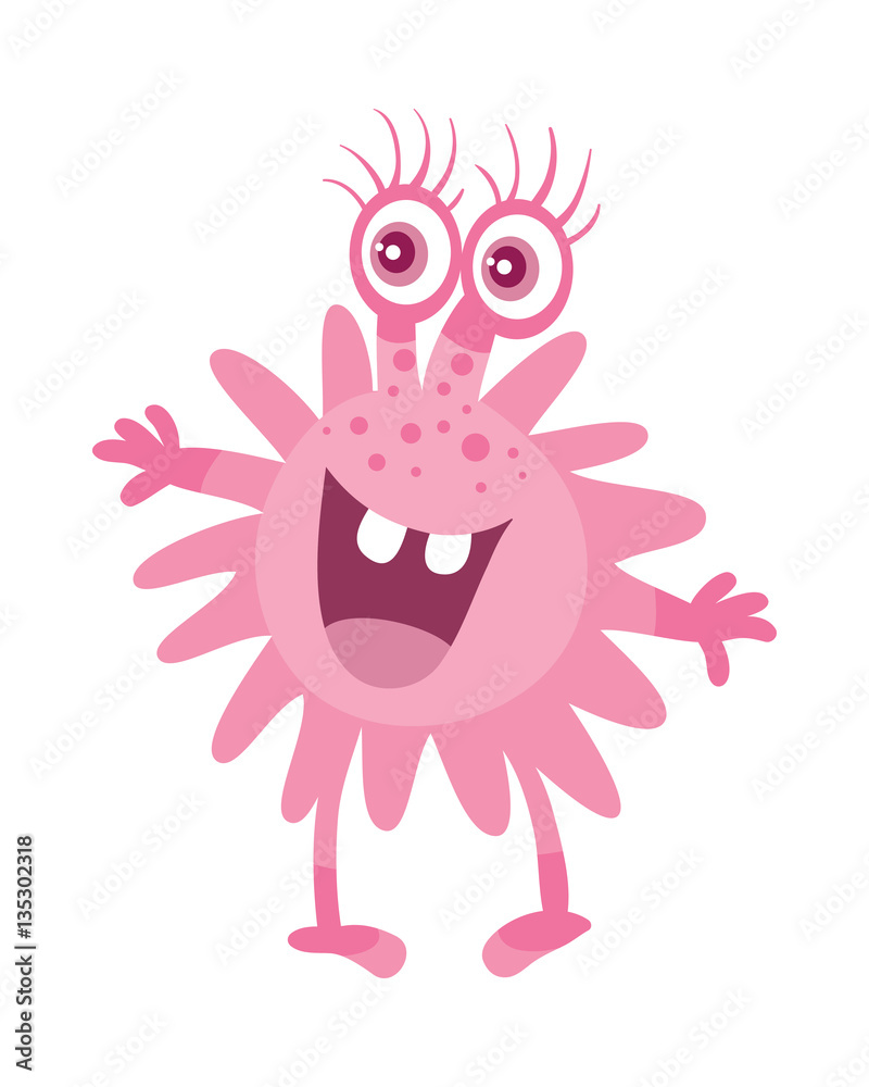 Cartoon Pink Microorganism. Funny Smiling Germ.