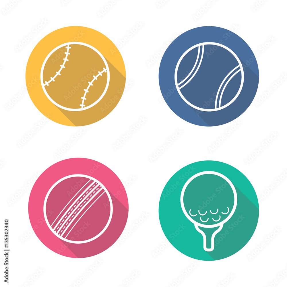 Sport game balls flat linear long shadow icons set Sport game balls flat linear long shadow icons set