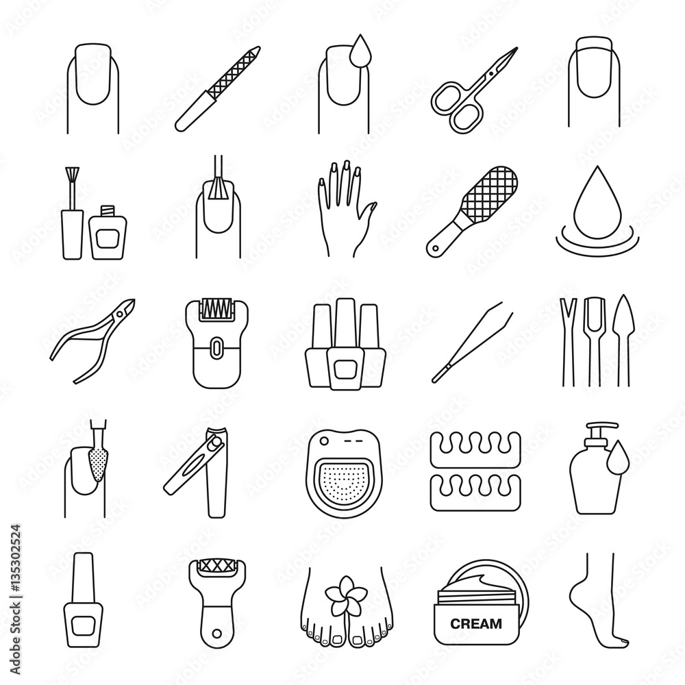 Manicure and pedicure linear icons set