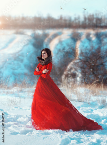 Beautiful brunette girl in a long scarlet outfit  photo