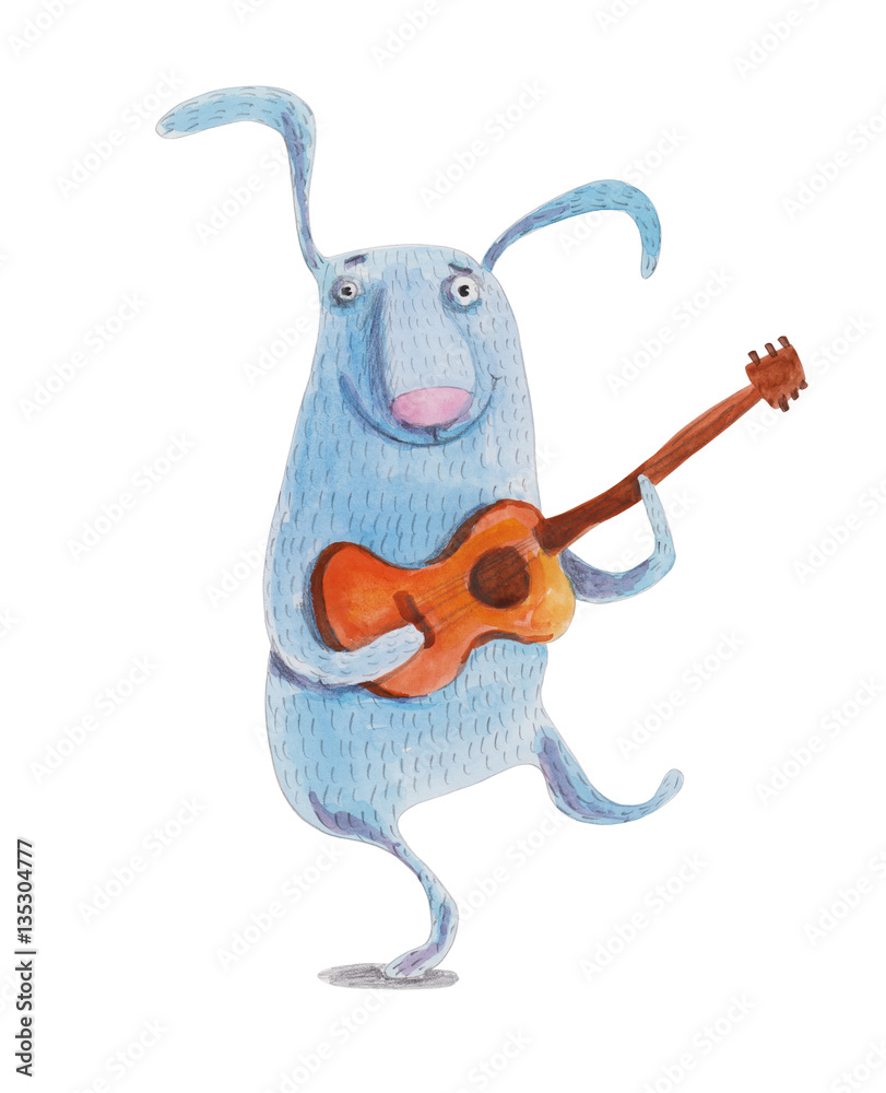 Fototapeta premium Bunny with guitar. Watercolor illustration. Hand drawing