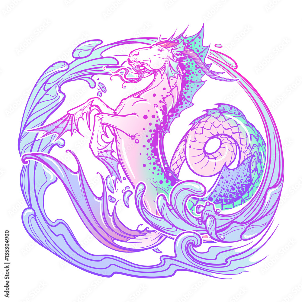 Zodiac sign Capricorn. Fantastic sea creature with body of a goat and a fish tail Decorative water swirls. Vintage art nouveau style concept art for horoscope, tattoo or colouring book. EPS10 vector