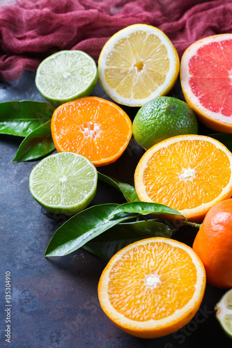 Citrus fruits background. Orange  grapefruit  tangerine  lime  lemon vitamin