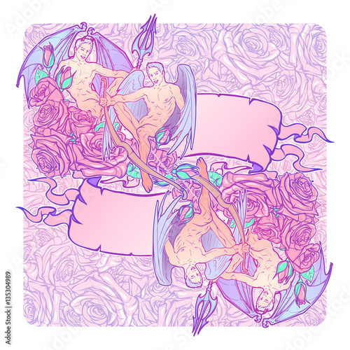 Gemini Zodiac sign with a decorative frame of roses. Beautiful male twins. Concept art for horoscopes, tattoo design colouring books. Gay Pinup style banner. EPS10 vector illustration