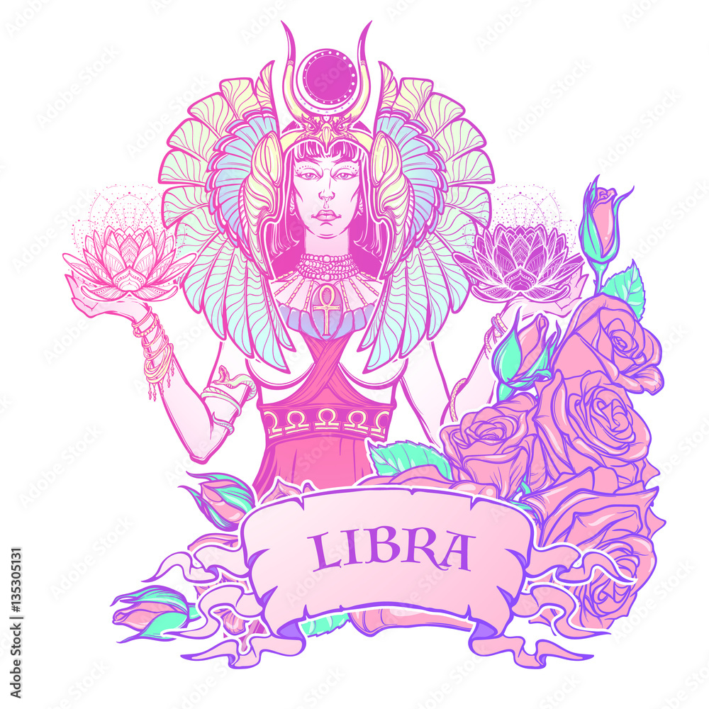 Zodiac sign Libra. Egyptian goddess Isis balancing in hands black and white lotus as a symbol of equilibrium. Vintage art nouveau style concept art for horoscope or tattoo. EPS10 vector Zodiac sign Libra. Egyptian goddess Isis balancing in hands black and white lotus as a symbol of equilibrium. Vintage art nouveau style concept art for horoscope or tattoo. EPS10 vector
