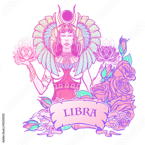 Zodiac sign Libra. Egyptian goddess Isis balancing in hands black and white lotus as a symbol of equilibrium. Vintage art nouveau style concept art for horoscope or tattoo. EPS10 vector