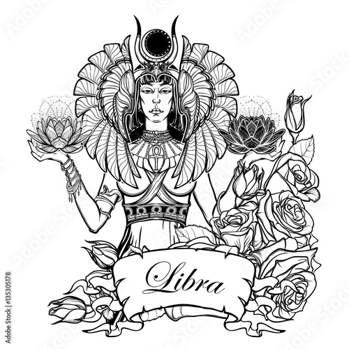 Zodiac sign Libra. Egyptian goddess Isis balancing in hands black and white lotus as a symbol of equilibrium. Vintage art nouveau style concept art for horoscope or tattoo. EPS10 vector