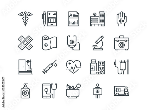 Medical. Set of outline vector icons. Includes such as Emergency, Heartbeat, Equipment and other