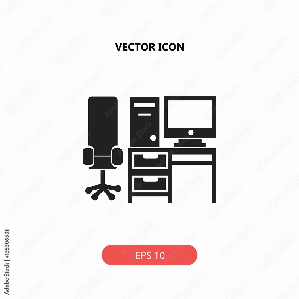computer set with table and chair vector icon computer set with table and chair vector icon