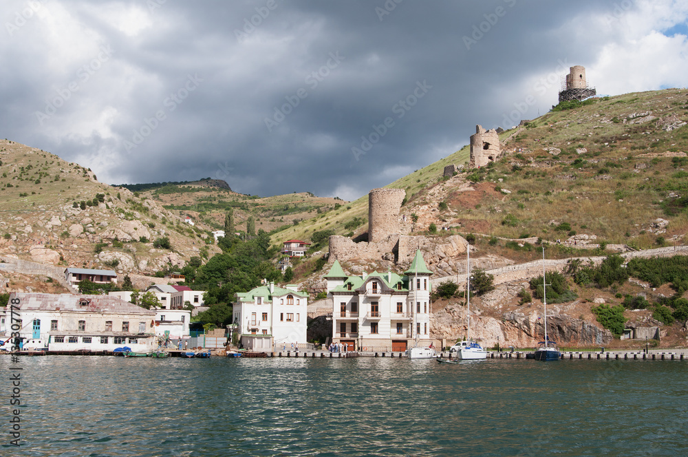views of Balaklava bay, mountain Kastron and fortress Cembalo, Crimea 