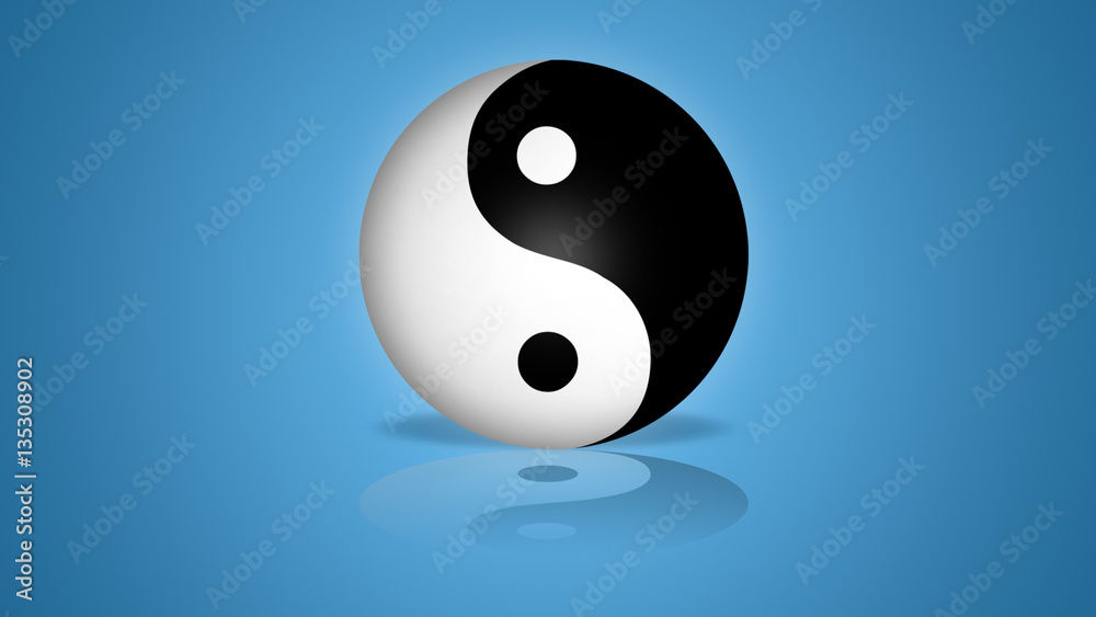 Yin Yang Sphere On Blue Background with Shadows and Reflection