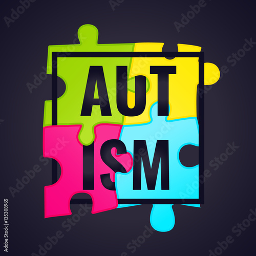 Autism awareness poster with puzzle pieces in a frame on dark background. Solidarity and support symbol. Medical concept. Vector illustration.