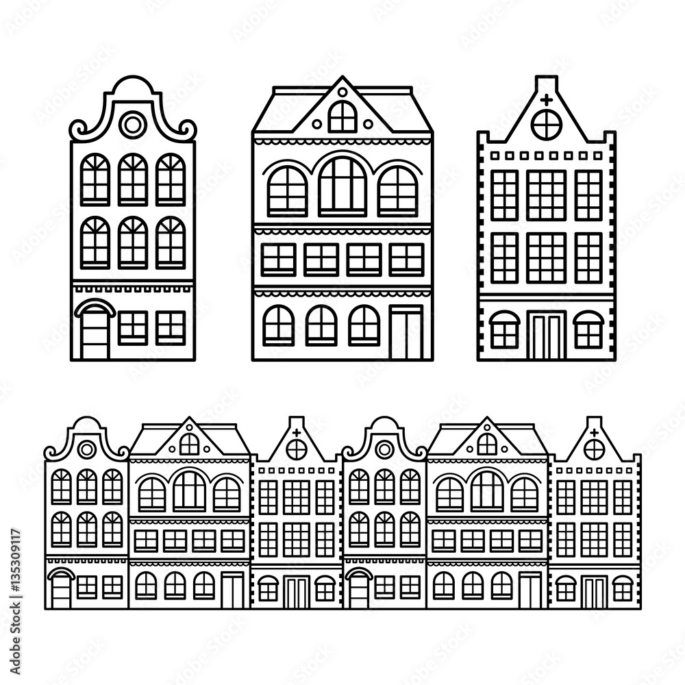 Dutch houses, Amsterdam buildings, Holland or Netherlands archictecture icons
