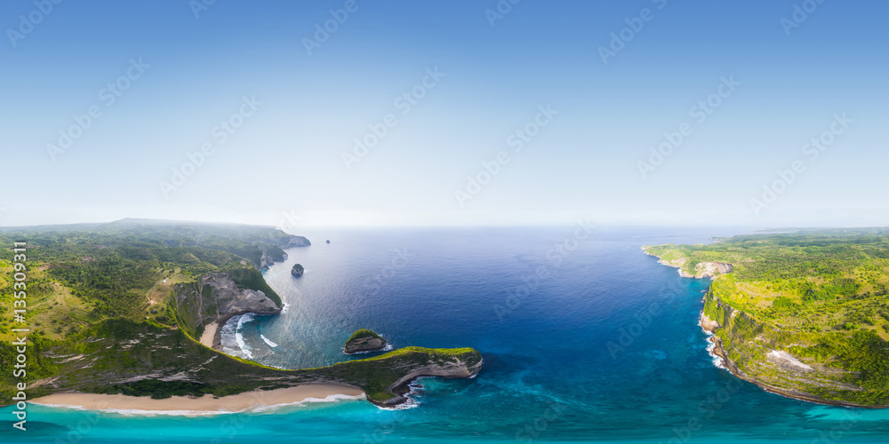 Seamless 360 degrees spherical aerial panorama of the coast of the island of Nusa Penida, Bali, Indonesia