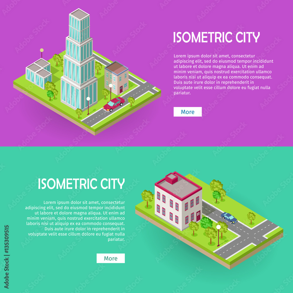 Isometric City Buildings Vector Web Banners Set.
