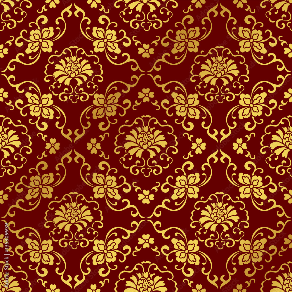 Fototapeta premium Seamless Golden Chinese Background Botanic Cross Spiral Flower Vine