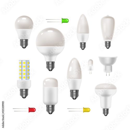 Frosted glass bulb set. Led energy saving lamps. Realistic icon