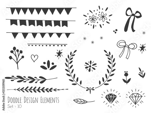 Collection of hand drawn doodle design elements isolated on white background. Set, handdrawn bunting flags, borders, laurel wreath, diamond, floral dividers, ribbon, heart. Vector sketch illustration.