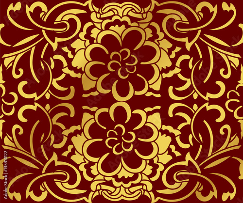 Seamless Golden Chinese Background Spiral Curve Cross Flower © Phoebe Yu