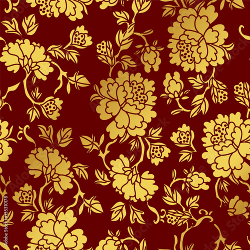 Seamless Golden Chinese Background Botanic Garden Flower Leaf