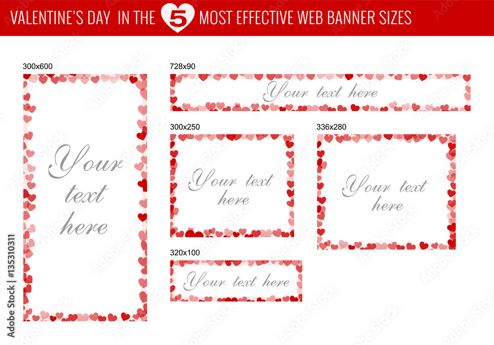 Web banner hearts set in the five most effective sizes