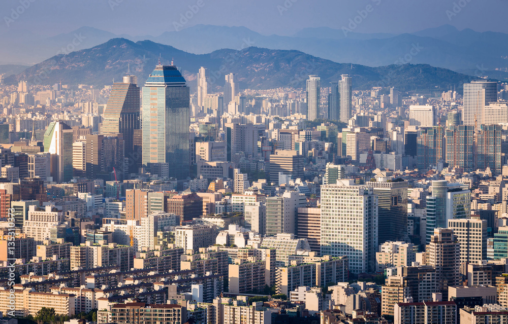 Seoul city and Downtown skyline in Sunset, South Korea
