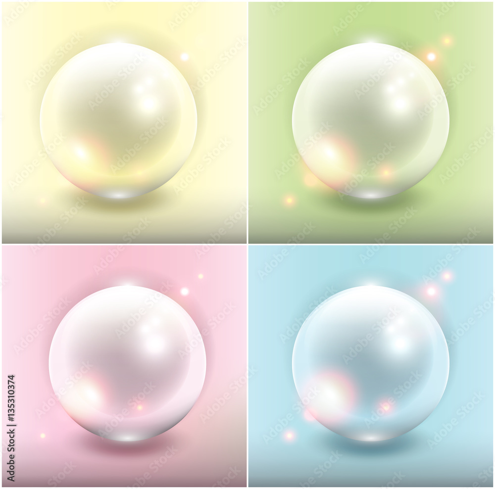 Realistic pearls set of 4. Yellow, green, blue and pink with realistic light and shadow on the multicolored backgrounds. Vector illustration. Eps10. Realistic pearls set of 4. Yellow, green, blue and pink with realistic light and shadow on the multicolored backgrounds. Vector illustration. Eps10.