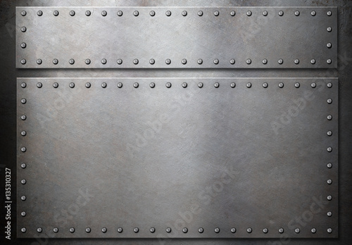 two steel plates with rivets over metal background