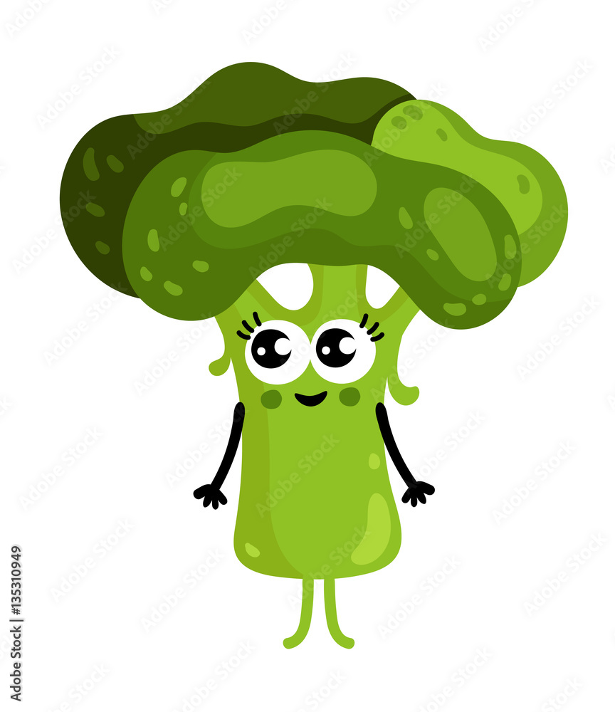 Cute vegetable broccoli cartoon character isolated on white background