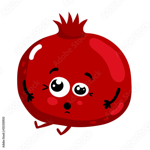 Cute fruit pomegranate cartoon character isolated on white background vector illustration. Funny positive and friendly garnet emoticon face icon. Happy smile cartoon face food emoji, comical fruit