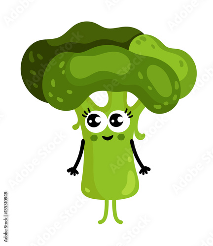 Cute vegetable broccoli cartoon character isolated on white background vector illustration. Funny positive and friendly broccoli emoticon face icon. Happy smile cartoon face  comical vegetable mascot