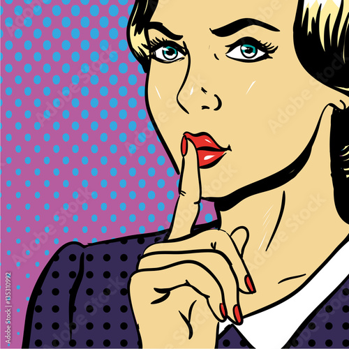 Young woman showing Be silent sign pop art comic