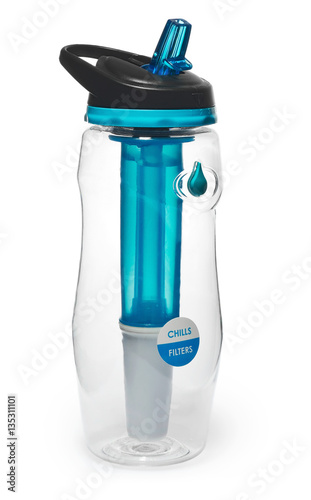 Sports bottle with a water filter. Water bottle filters the water to clean, drinkable.