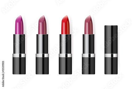 Realistic makeup cosmetics set isolated on white background vector illustration. Colorful lipstick black sparkling tube, pomade applicator. Decorative facial cosmetics products, beauty fashion makeup