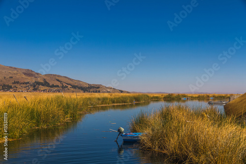 Peru, Titicaca lake, Uros Islands territory. Motor boat is showing up from the growing cane.