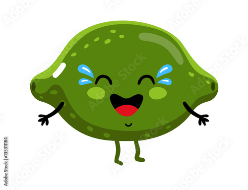 Cute fruit lime cartoon character isolated on white background vector illustration. Funny positive and friendly lime emoticon face icon. Happy smile cartoon face food emoji, comical fruit mascot