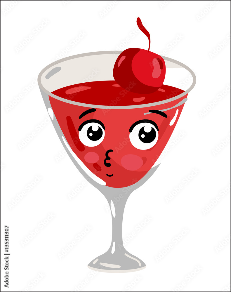 Vecteur Stock Cute cocktail with cherry cartoon character isolated on