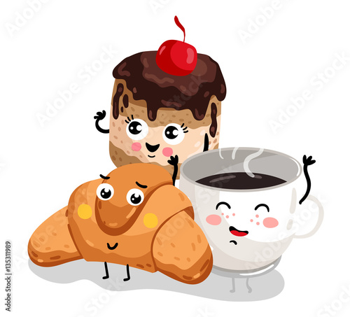 Cute croissant, cake and coffee cup cartoon character isolated on white background vector illustration. Funny hot drink and bakery pastry emoticon face icon. Happy cartoon face food, comical breakfast