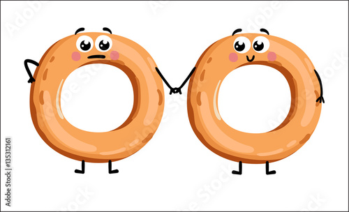 Cute bagel cartoon character isolated on white background vector illustration. Funny positive and friendly bakery pastry emoticon face icon. Happy smile cartoon face food, comical bagel mascot symbol