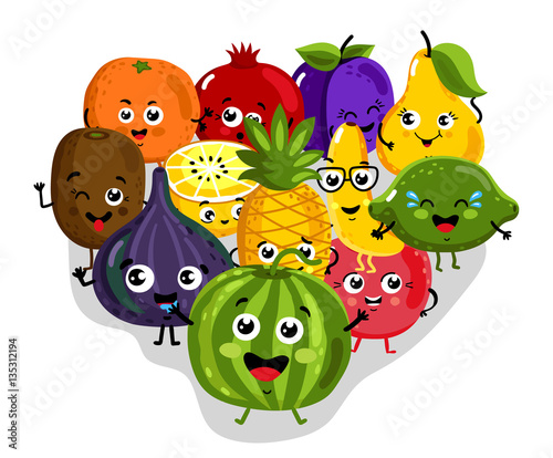 Cute fruit cartoon characters isolated vector illustration. Funny pineapple, orange, cherry, pomegranate, banana, kiwi, lemon, lime, watermelon, figs. Happy smile emoticon face, comical fruit mascot