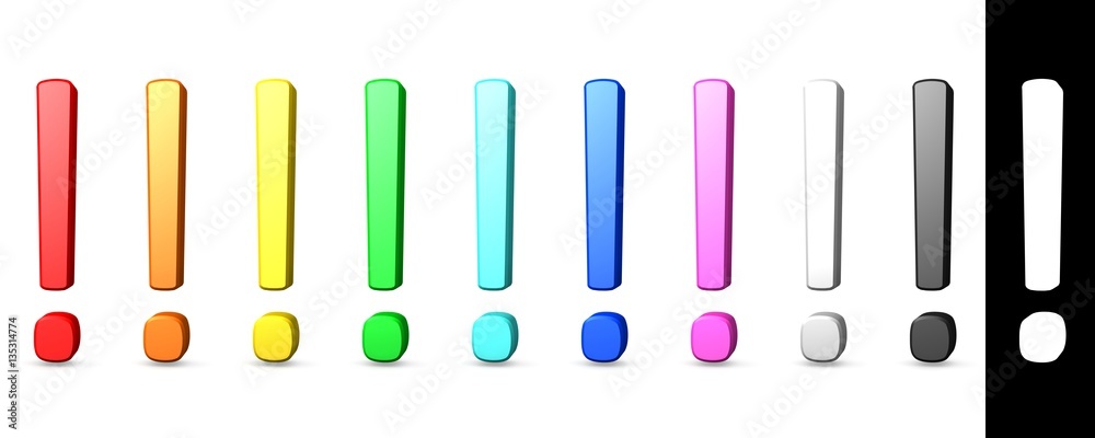 exclamation mark exclamation point 3d red orange yellow green blue pink black