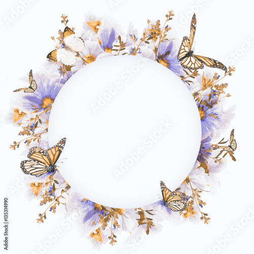 Fototapeta Naklejka Na Ścianę i Meble -  Amazing background with violets and primroses. Yellow and red flowers on a white blank. Floral card nature. Flowers and butterflies bokeh.